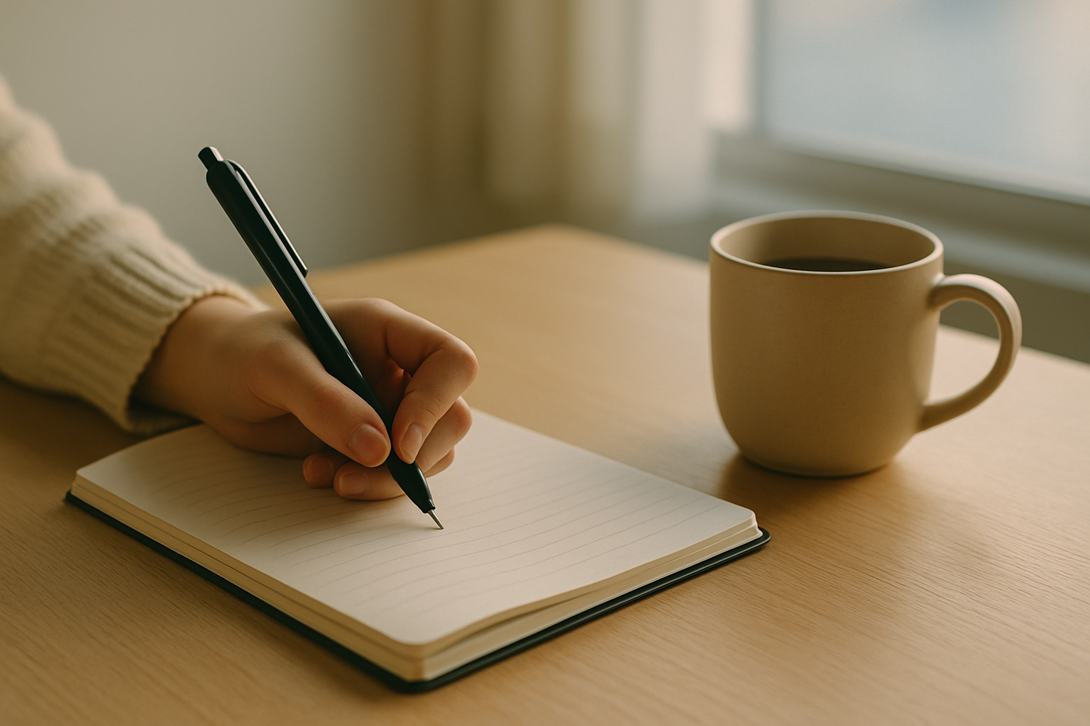 ノートに筆記する手元。隣にはコーヒーカップ