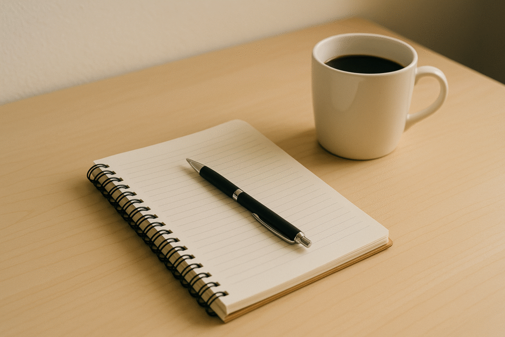 ノートとペン、コーヒーがある明るいデスクの写真