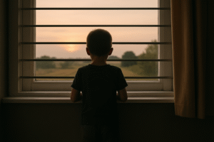 鉄格子の窓から外を見る子供