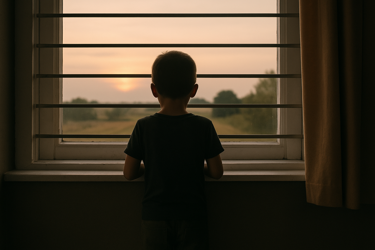 鉄格子の窓から外を見る子供