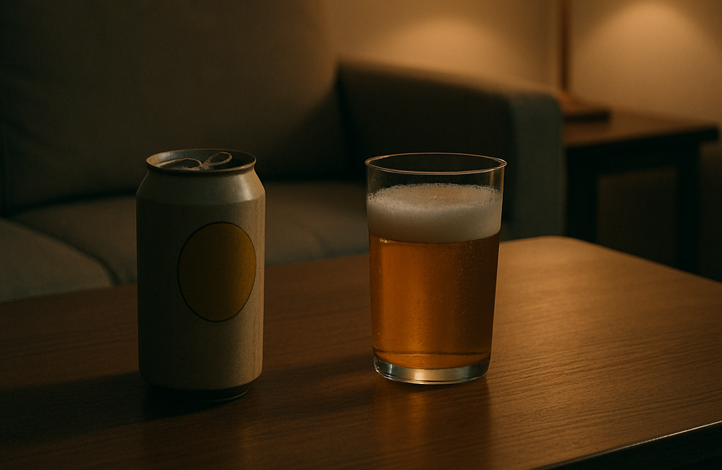 晩酌風景。缶ビールを注がれたグラス