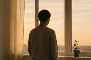 柔らかな朝の光の中、窓辺に立つ人物の後ろ姿。