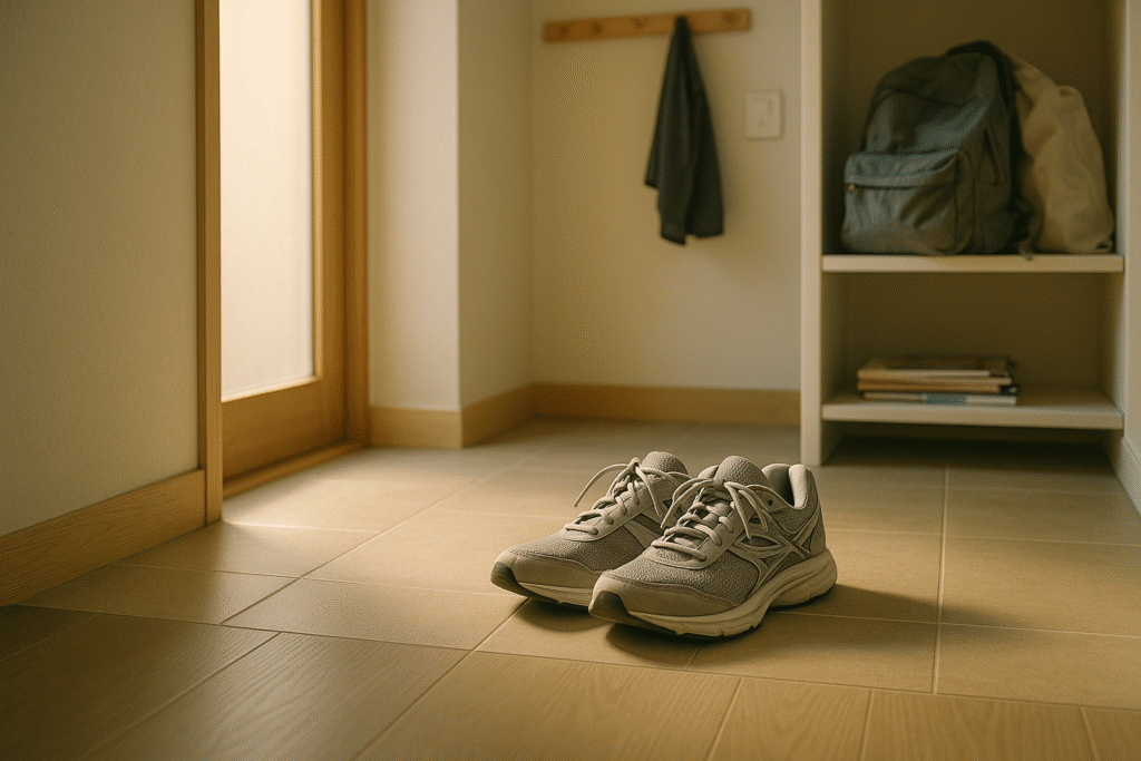 生活感のある玄関に置かれたランニングシューズ
