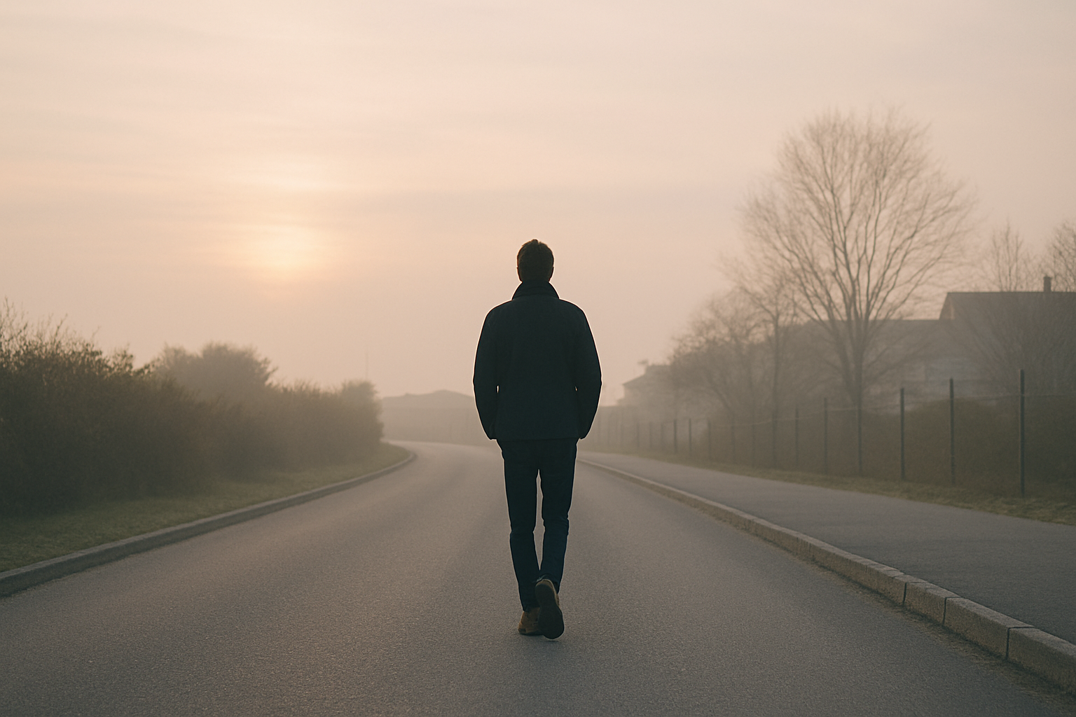 舗装された道を歩く人の後ろ姿