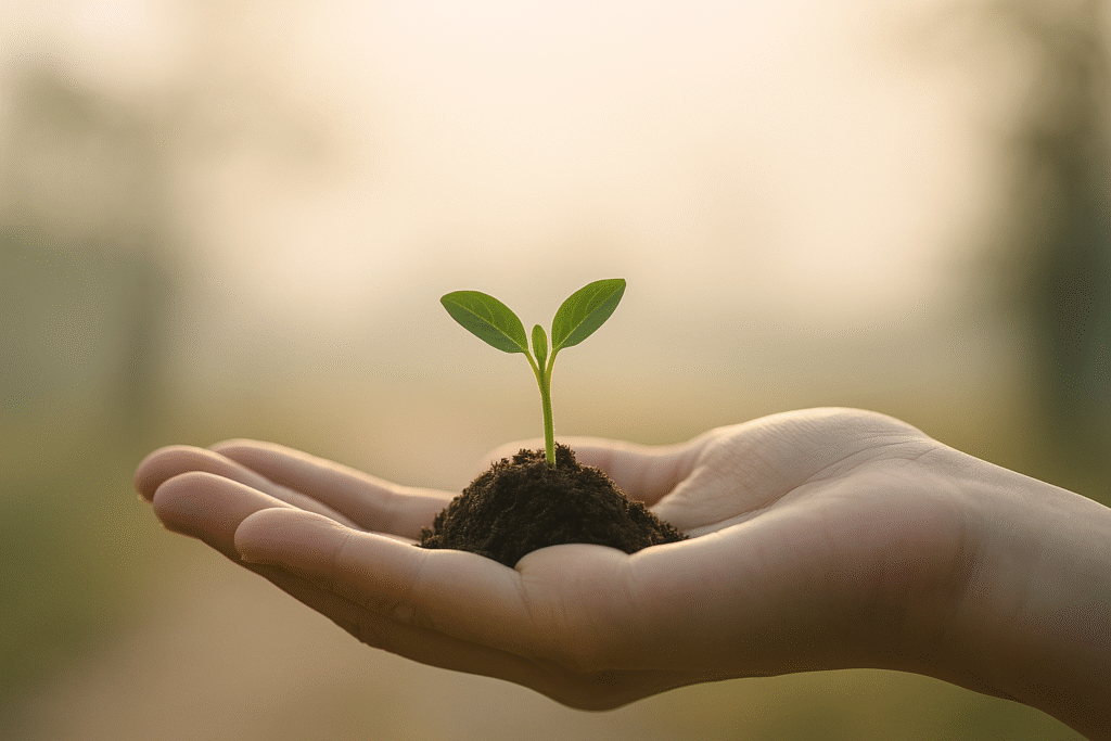 手のひらから芽吹く。希望を表すデザイン。