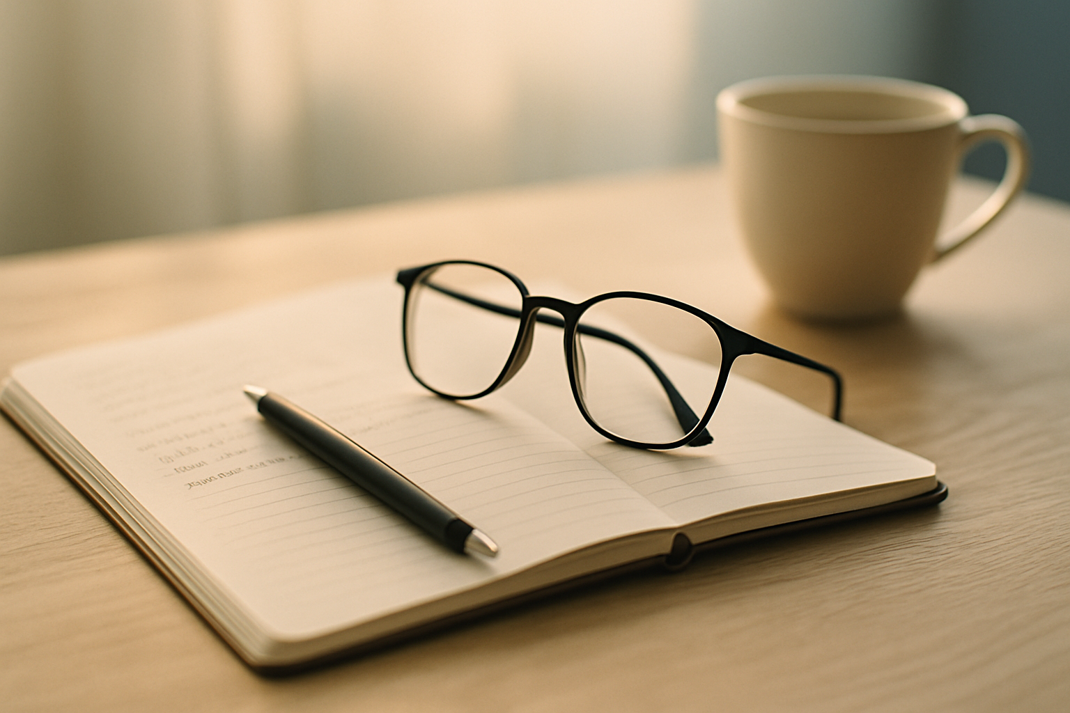 テーブルに置かれたノートとペン、眼鏡、コーヒー