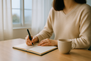 明るい朝の光の中でコーヒーを飲みながらノートに向かう人の写真。