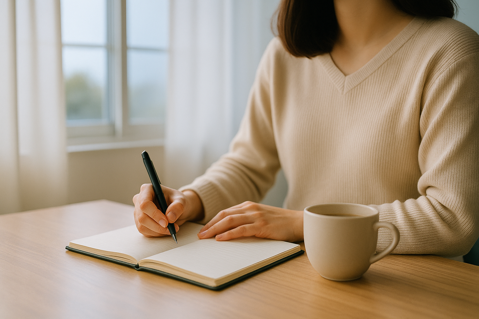 明るい朝の光の中でコーヒーを飲みながらノートに向かう人の写真。