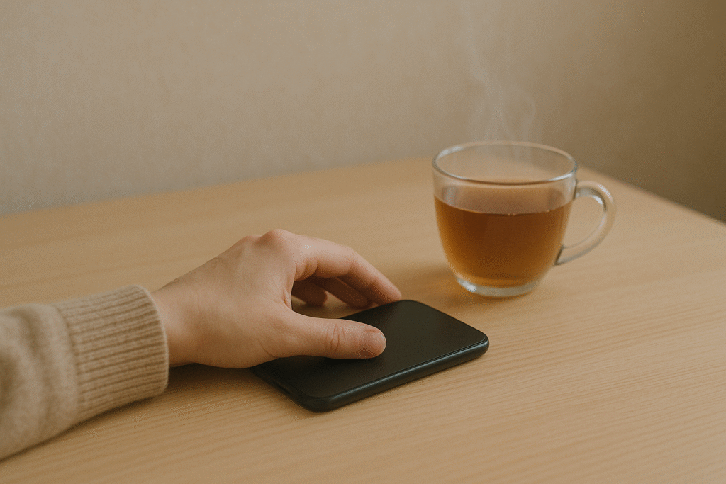 スマホを置く。その脇には温かいお茶。