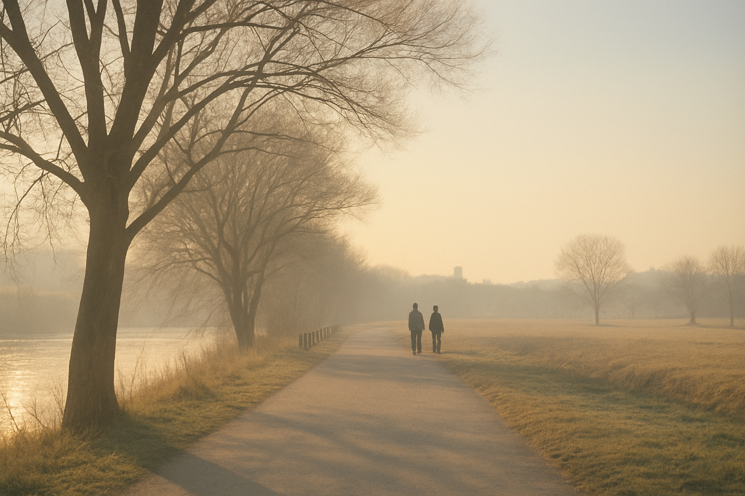 川沿いの小道を歩く二人の影