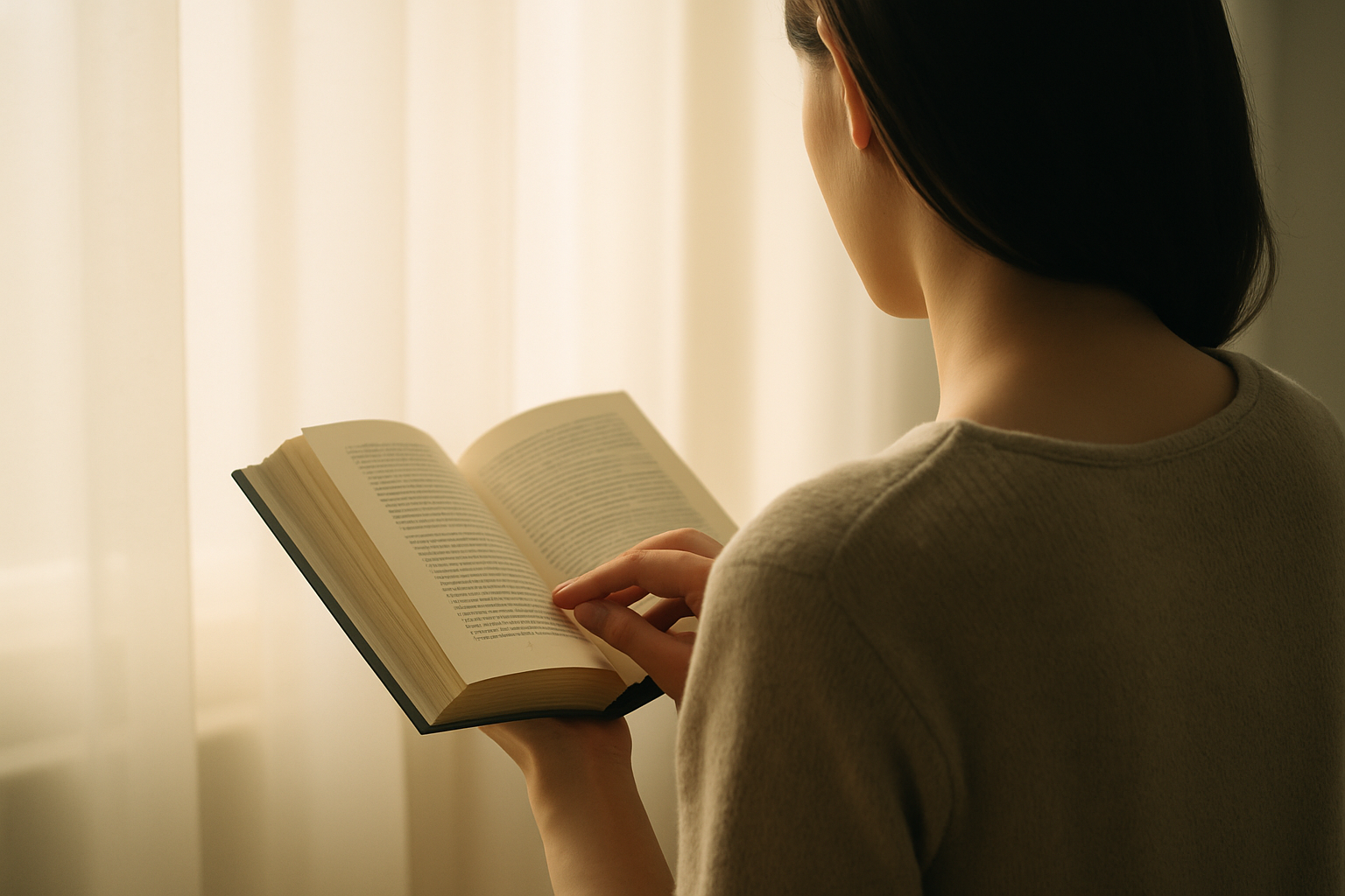 本を手に持ち、静かにページをめくる後ろ姿