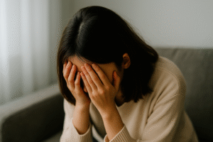 自然光の差す室内で、うつむきながら静かに考える人物の姿