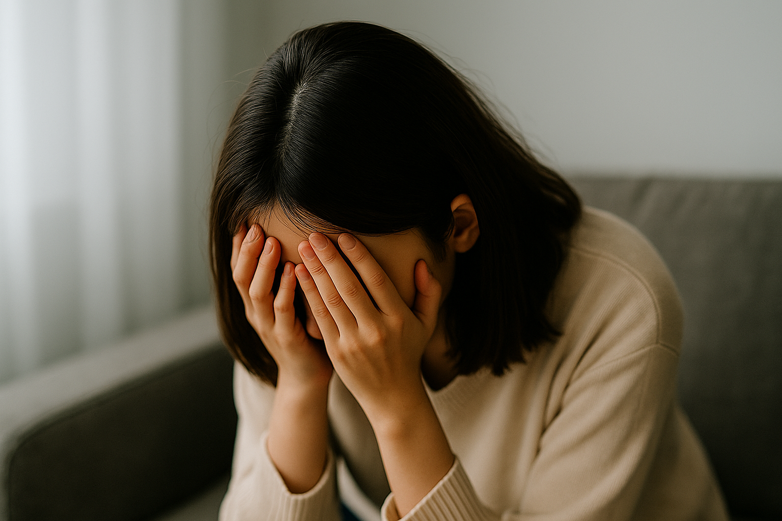 自然光の差す室内で、うつむきながら静かに考える人物の姿