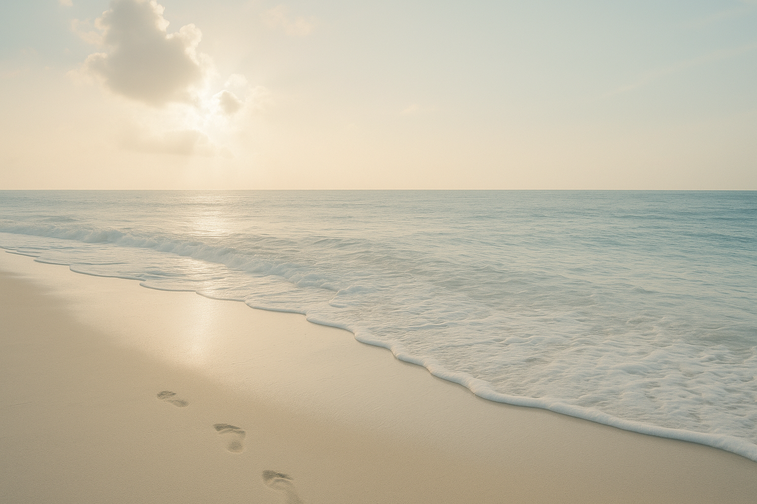 落ち着いた雰囲気。波打ち際の足跡。