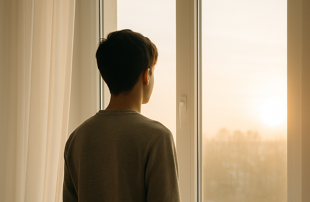 明るい室内で窓辺から朝日を見る人