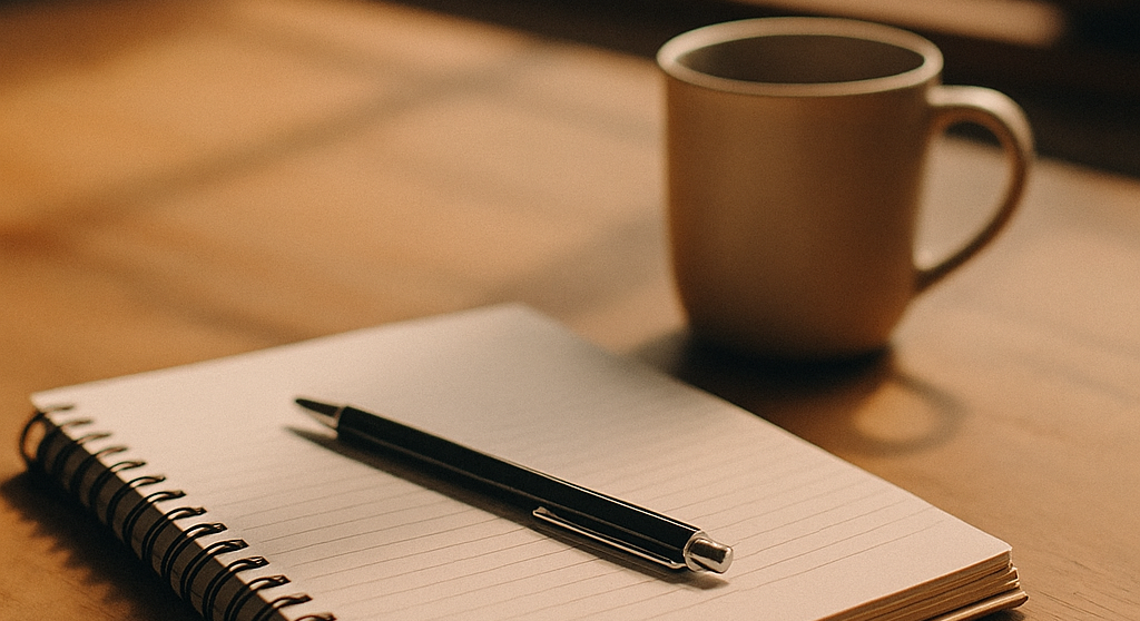 落ち着いた雰囲気のデスクにノートとコーヒーが置かれている。