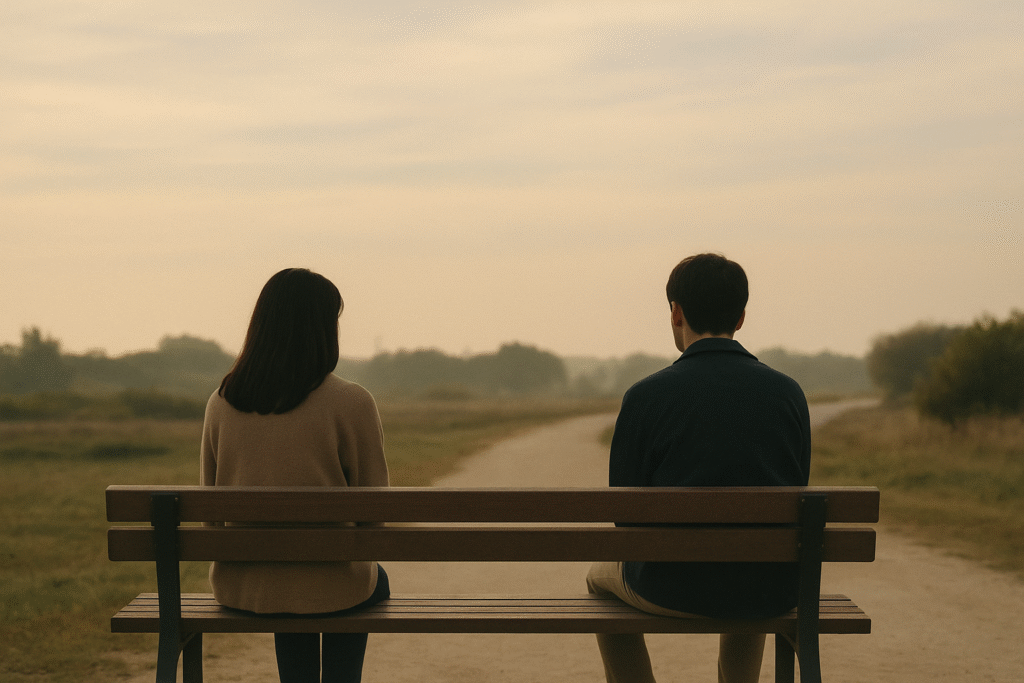 ベンチに並んで座る二人