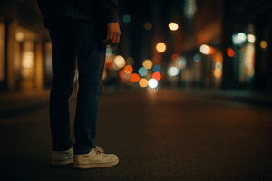 深夜の街に立ち尽くす人