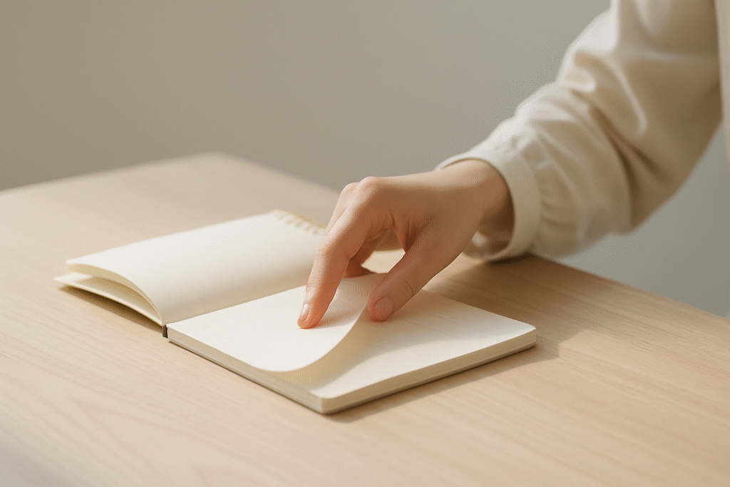 ノートのページを開く手元